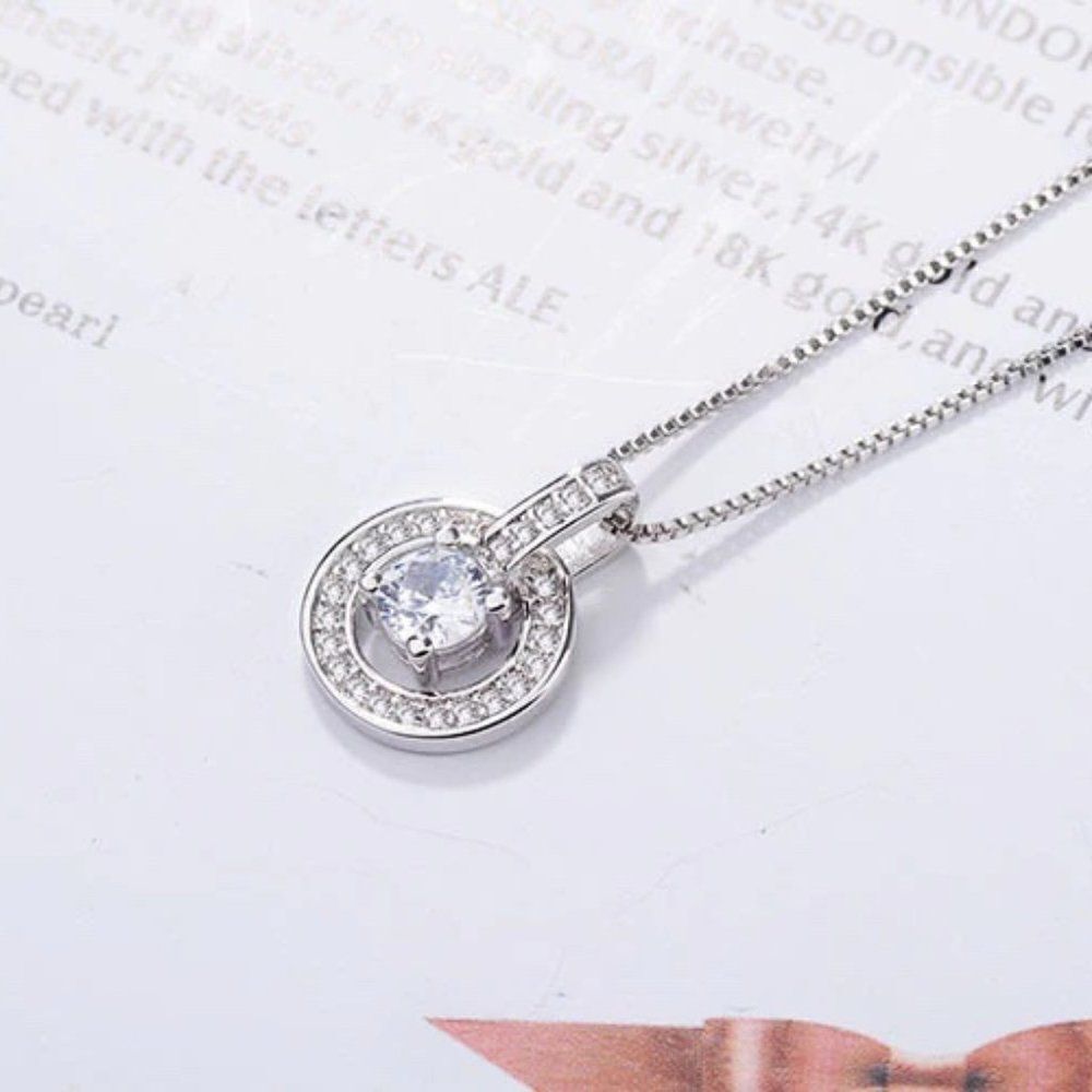 Sterling Silver Solitaire and Halo Pendant Necklace - Picture 7 of 7
